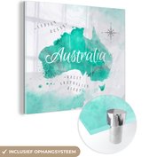 MuchoWow® Glasschilderij 20x20 cm - Schilderij acrylglas - Wereldkaart - Australië - Turquoise - Foto op glas - Schilderijen