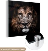 MuchoWow® Glasschilderij 90x90 cm - Schilderij acrylglas - Leeuw - Dieren - Zwart - Foto op glas - Schilderijen