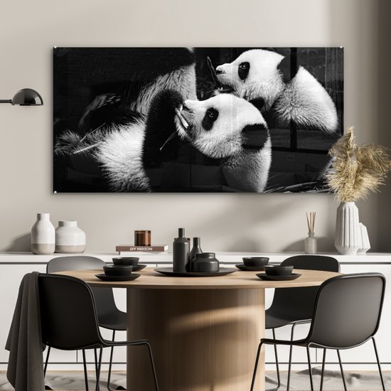 MuchoWow® Peinture sur verre 120x60 cm - Peinture sur verre - Pandas - Zwart - Wit - Photo sur verre acrylique - Peintures