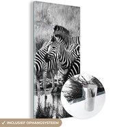 MuchoWow® Glasschilderij 40x80 cm - Schilderij acrylglas - Drinkende zebra's - Foto op glas - Schilderijen