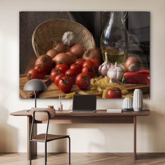 MuchoWow® Peinture sur verre 150x100 cm - Peinture sur verre acrylique - Planche à découper - Légumes - Nature morte - Pâtes - Off - Tomate - Planche à découper - Photo sur verre - Peintures