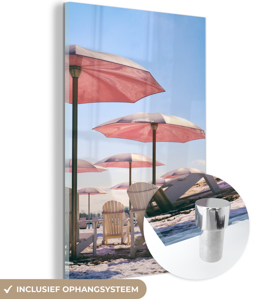 ® Glasschilderij 100x150 cm - Schilderij acrylglas - Parasol - Roze - Zomer - Foto op glas