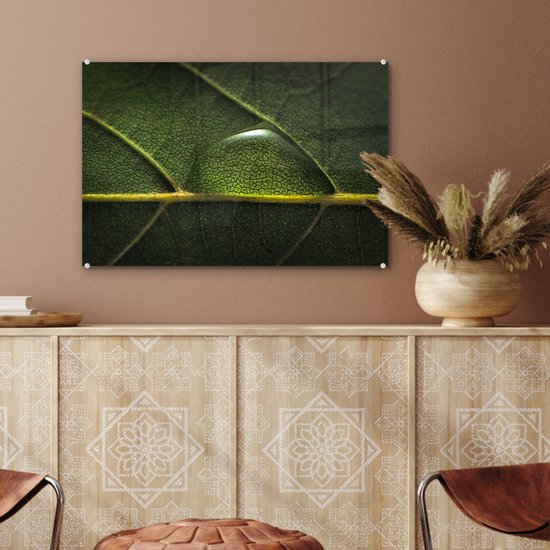 MuchoWow® Peinture sur verre 60x40 cm - Peinture sur verre - Photo de goutte d'eau sur une feuille botanique - Photo sur verre acrylique - Peintures