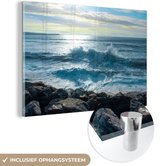 MuchoWow® Glasschilderij 90x60 cm - Schilderij acrylglas - Zee - Stenen - Zon - Foto op glas - Schilderijen