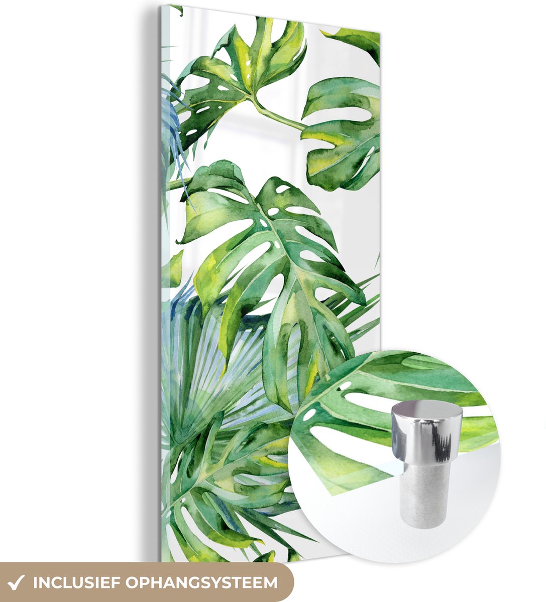 ® Glasschilderij 40x80 cm - Schilderij acrylglas - Monstera - Patroon - Waterverf - Meisjes - Kinderen - Jongens - Kids - Foto op glas - Muurdecoratie woonkamer - Wanddecoratie slaapkamer - Schilderijen