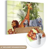 MuchoWow® Glasschilderij 120x80 cm - Schilderij acrylglas - Jungle dieren - Natuur - Planken - Kinderen - Giraffe - Foto op glas - Schilderijen