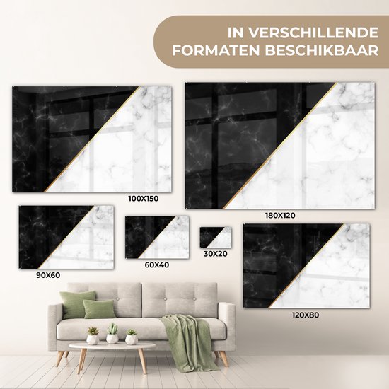 MuchoWow® Peinture sur verre 150x100 cm - Peinture acrylique sur verre - Marbre - Wit - Zwart - Or - Photo sur verre - Peintures