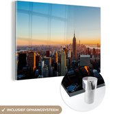 MuchoWow® Glasschilderij 90x60 cm - Schilderij acrylglas - New York - Skyline - Zonsondergang - Foto op glas - Schilderijen