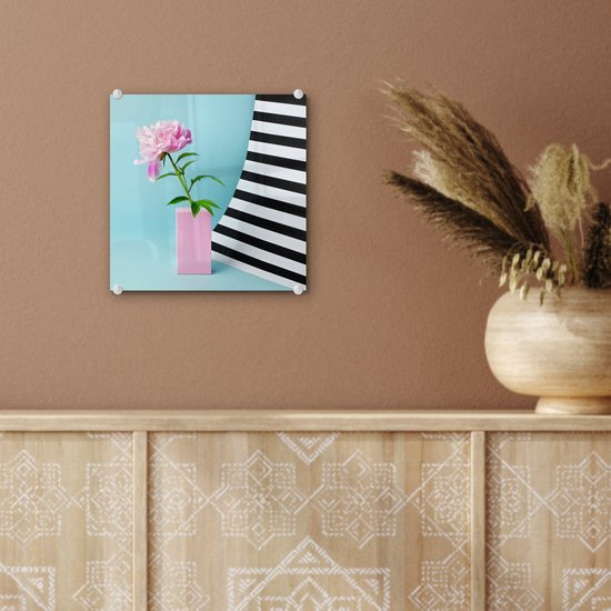 MuchoWow® Peinture sur verre 20x20 cm - Peinture sur verre acrylique - Pivoine rose sur fond bleu - Photo sur verre - Peintures