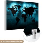 MuchoWow® Glasschilderij 60x40 cm - Schilderij acrylglas - Wereldkaart - Zwart - Blauw - Foto op glas - Schilderijen