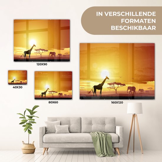 ® Glasschilderij 40x30 cm - Schilderij acrylglas - Illustratie van een Afrikaanse zonsondergang met een giraffe en olifant - Foto op glas - Muurdecoratie woonkamer - Wanddecoratie slaapkamer - Schilderijen