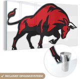 MuchoWow® Glasschilderij 160x80 cm - Schilderij acrylglas - Een illustratie van een rode stier - Foto op glas - Schilderijen