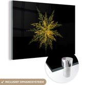 MuchoWow® Glasschilderij 120x80 cm - Schilderij acrylglas - Een goud-staafbloem op de zwarte achtergrond - Foto op glas - Schilderijen
