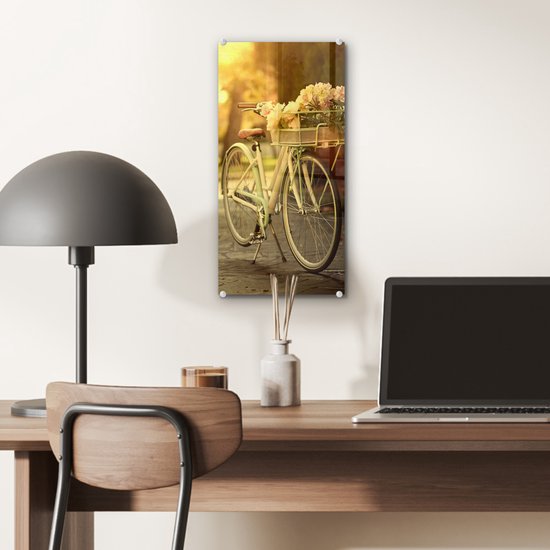 MuchoWow® Peinture sur verre 20x40 cm - Peinture sur verre acrylique - Fleurs dans le panier du vélo - Photo sur verre - Peintures