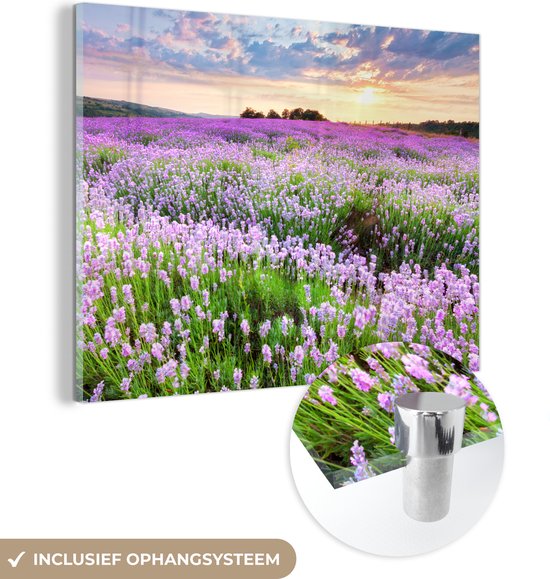 MuchoWow® Glasschilderij 120x90 cm - Schilderij acrylglas - Lavendel - Bloemen - Zonsondergang - Paars - Weide - Foto op glas - Schilderijen
