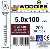 Woodies schroeven 5.0x100 RVS 410 T-25 deeldraad 200 stuks