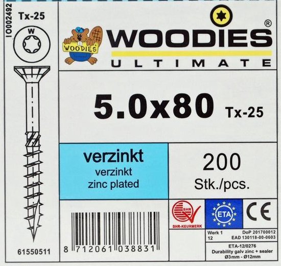 WOODIES® Ultimate Platverzonkenkopschroef Torx Verzinkt 5x80 Deeldraad VE=200 - 61550511 - WOODIES® Ultimate