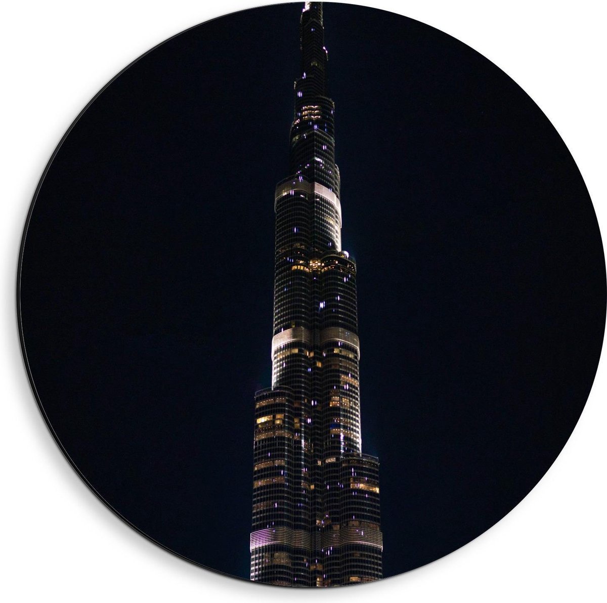 Dibond Wandcirkel - Dubai Fontein in het Donker - 40x40cm Foto op Aluminium Wandcirkel (me