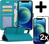 Hoes voor iPhone 12 Mini Hoesje Book Case Met 2x Screenprotector Full Cover 3D Tempered Glass - Hoes voor iPhone 12 Mini Hoes Wallet Cover Met 2x 3D Screenprotector - Turquoise
