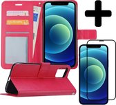 Hoes voor iPhone 12 Mini Hoesje Book Case Met Screenprotector Full Cover 3D Tempered Glass - Hoes voor iPhone 12 Mini Hoes Wallet Cover Met 3D Screenprotector - Donker Roze