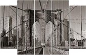 Schilderij , Zicht op Brooklyn Bridge  , Zwart grijs ,4 maten , 5 luik , wanddecoratie , Premium print , XXL