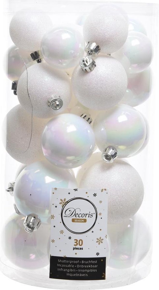 Kerstballen 30 stuks - onbreekbaar - glans-mat-glitter assorted - wit/iris KSD