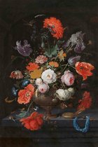 Stilleven met Bloemen en een Horloge op Textiel in zwart Frame - WallCatcher | 150 x 100 cm | Abraham Mignon | Ware Meester aan de muur!