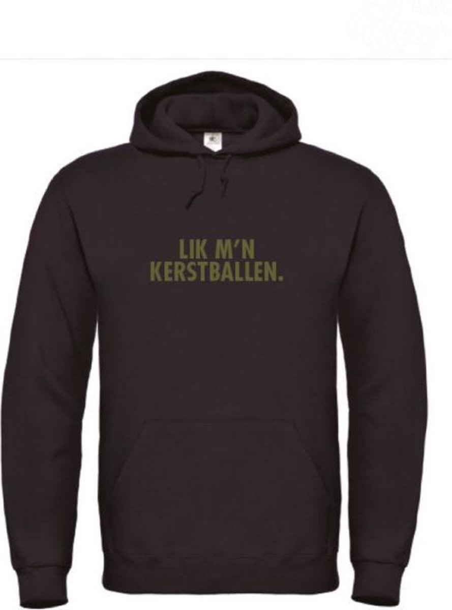 Foute kersttrui hoodie zwart XL - Lik m'n kerstballen - Olijfgroen - soBAD. | Kersttrui soBAD. | kerstsweaters volwassenen | kerst hoodie volwassenen | Kerst outfit | Foute kerst truien