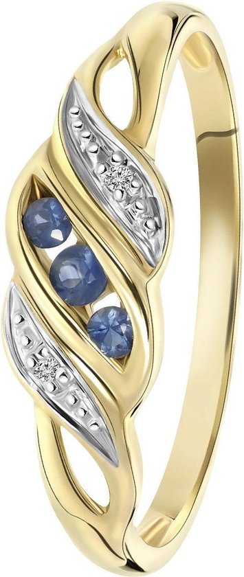 Lucardi Dames Ring met saffier en diamant 0,11ct - Ring - Cadeau - 14 Karaat Goud - Geelgoud