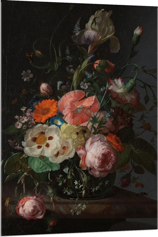 Acrylglas - Oude meesters - Stilleven: bloemen op marmeren tafel, Rachel Ruysch - 80x120cm Foto op Acrylglas (Met Ophangsysteem)