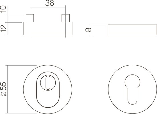 Technische tekening van een rozet met afmetingen: 38, 10, 12, 8, Ø55.