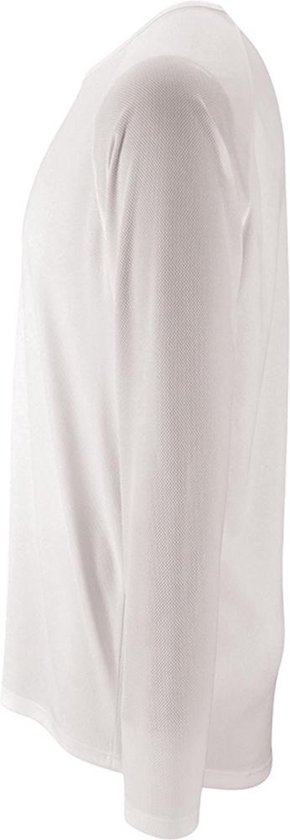 Wit sport T-shirt met lange mouwen, zijaanzicht.