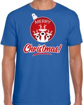 Rendier Kerstbal shirt / Kerst t-shirt Merry Christmas blauw voor heren - Kerstkleding / Christmas outfit S