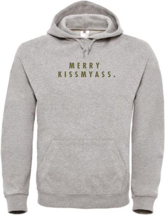 Grijze hoodie met capuchon en olijfgroene tekst "MERRY KISSMYASS."