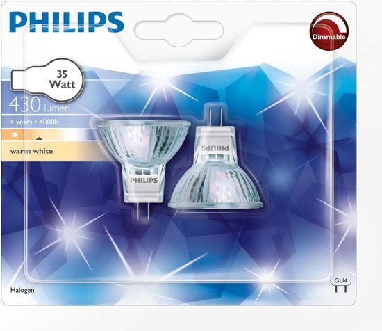 Philips Halogeenlamp GU4 35W 427Lm reflector 2 stuks Dimbaar | bol.com