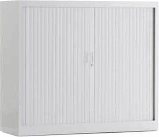 Witte roldeurkast met verticale ribbels, twee deuren en een centrale greep.