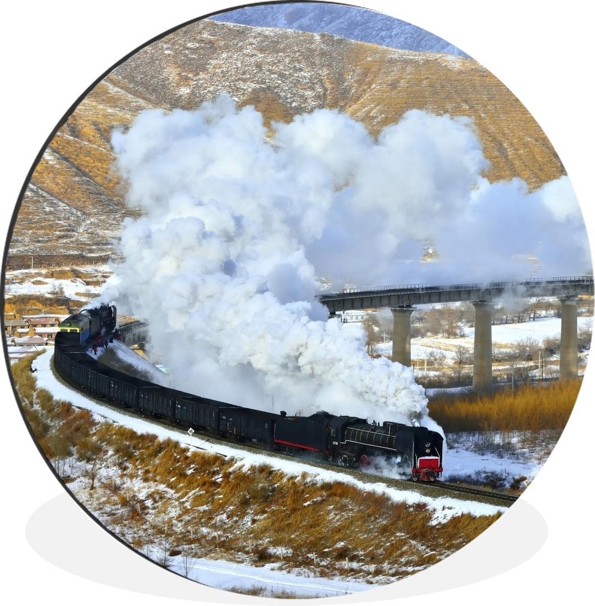 Stoomlocomotief over een karakteristieke brug Wandcirkel aluminium ⌀ 120 cm - foto print op muurcirkel / wooncirkel / tuincirkel (wanddecoratie)