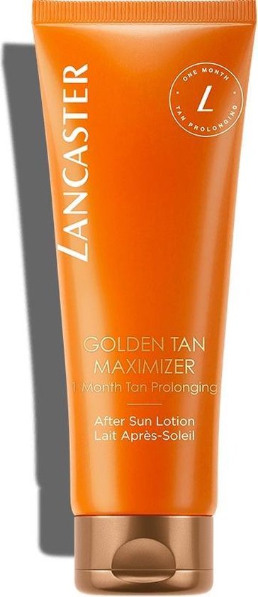 Oranje Lancaster tube "Golden Tan Maximizer 1 Month Tan Prolonging After Sun Lotion" met koperkleurige dop, op witte achtergrond.