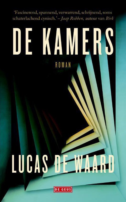Boekcover 'De Kamers' van Lucas de Waard. Abstract ontwerp met geometrische vormen en de tekst 'DE GEUS'.