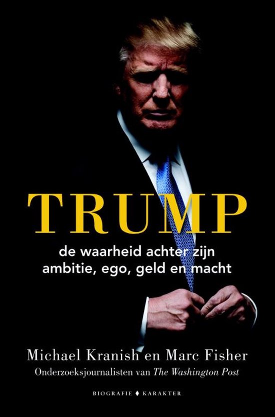 Boekcover met Donald Trump in pak en blauwe das. Titel 'TRUMP' in goudkleurige letters. Ondertitel in kleiner zwart.