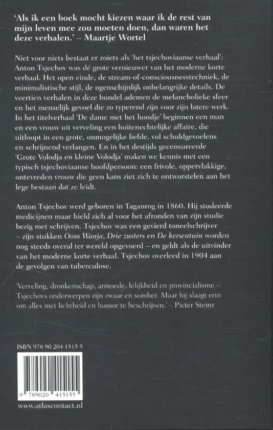 Achterkant van het boek 'De dame met het hondje en andere verhalen' met tekst.