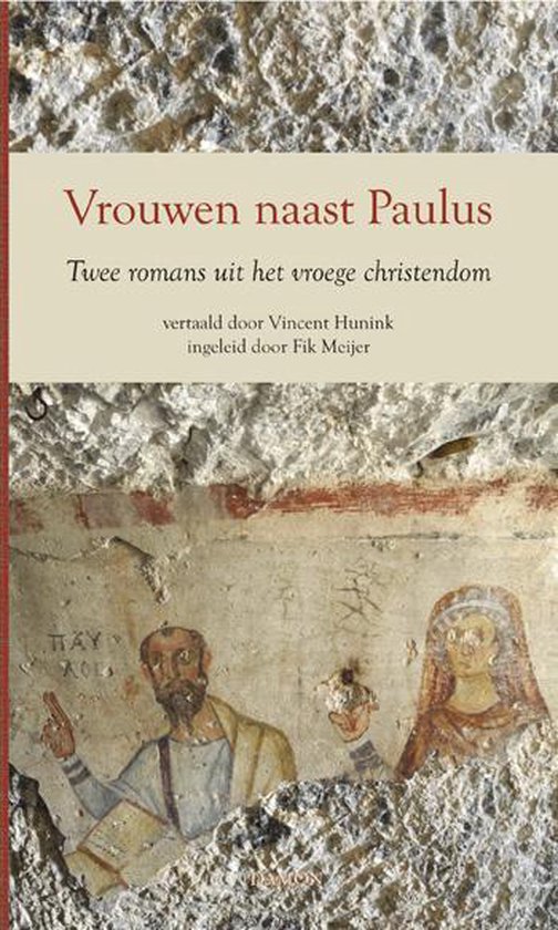 Boek "Vrouwen naast Paulus". Omslag met muurschildering van twee figuren, een man met baard en een vrouw met hoofddoek. Rode tekst bovenaan.