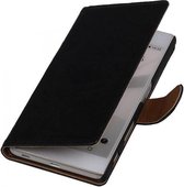 Washed Leer Bookstyle Wallet Case Hoesjes voor Microsoft Lumia 535 Zwart