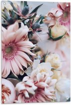 Tuinposter – Roze met Witte Bloemen - 60x90cm Foto op Tuinposter  (wanddecoratie voor buiten en binnen)