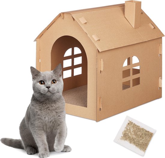 Relaxdays kattenhuis karton - krabkarton katten - krabplank binnen -  kattenhuisje krabmat | bol.com