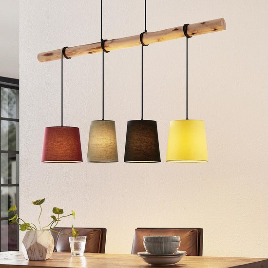 Lindby - Hanglamp - 4 lichts - Textiel, hout - E27 - rood, grijs, zwart, geel, licht hout