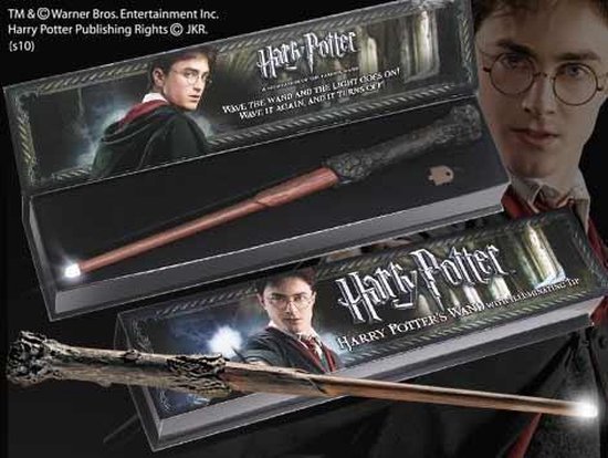 Harry Potter toverstaf met licht, afgebeeld met Harry Potter.