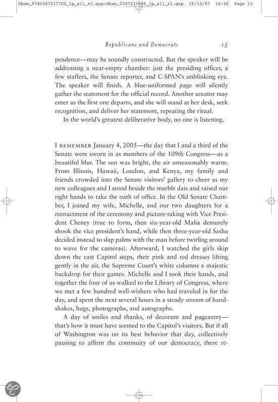 Tekstpagina uit "The Audacity of Hope", Pagina 15.