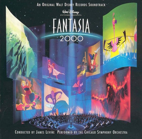 Fantasia 2000 soundtrack album cover met beelden uit de film: Dansende flamingo, Mickey Mouse, vis, balletdanseres, eenden en vuur. Tekst: An Original Walt Disney Records Soundtrack, Fantasia 2000.