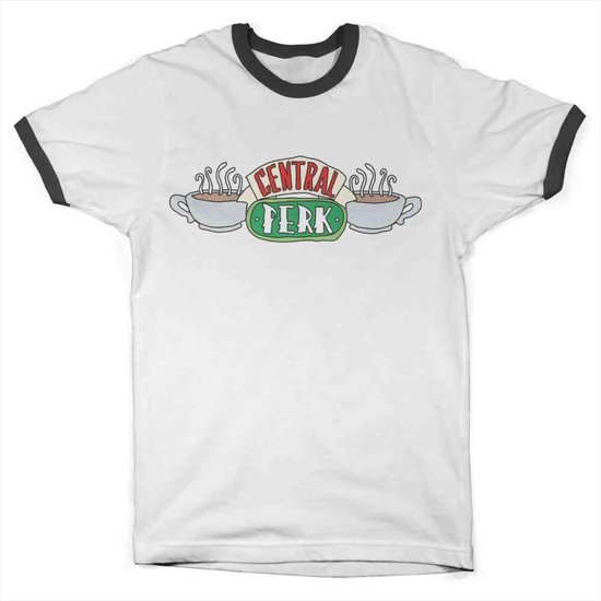 Wit T-shirt met donkergrijze hals en mouwboorden, met de "Central Perk" logo opdruk.